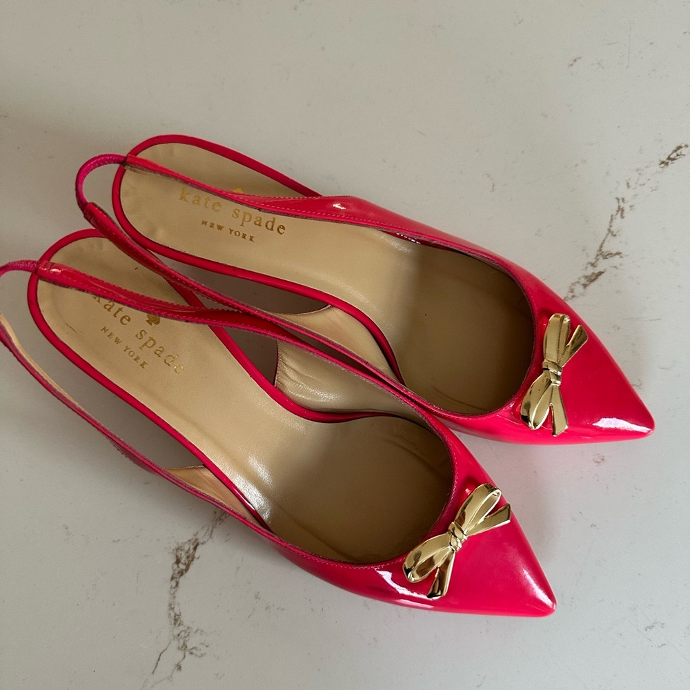 Kate Spade Kitten Heel Slingback Size 7.5 B bright Pink Patent Leather Bow Shoes